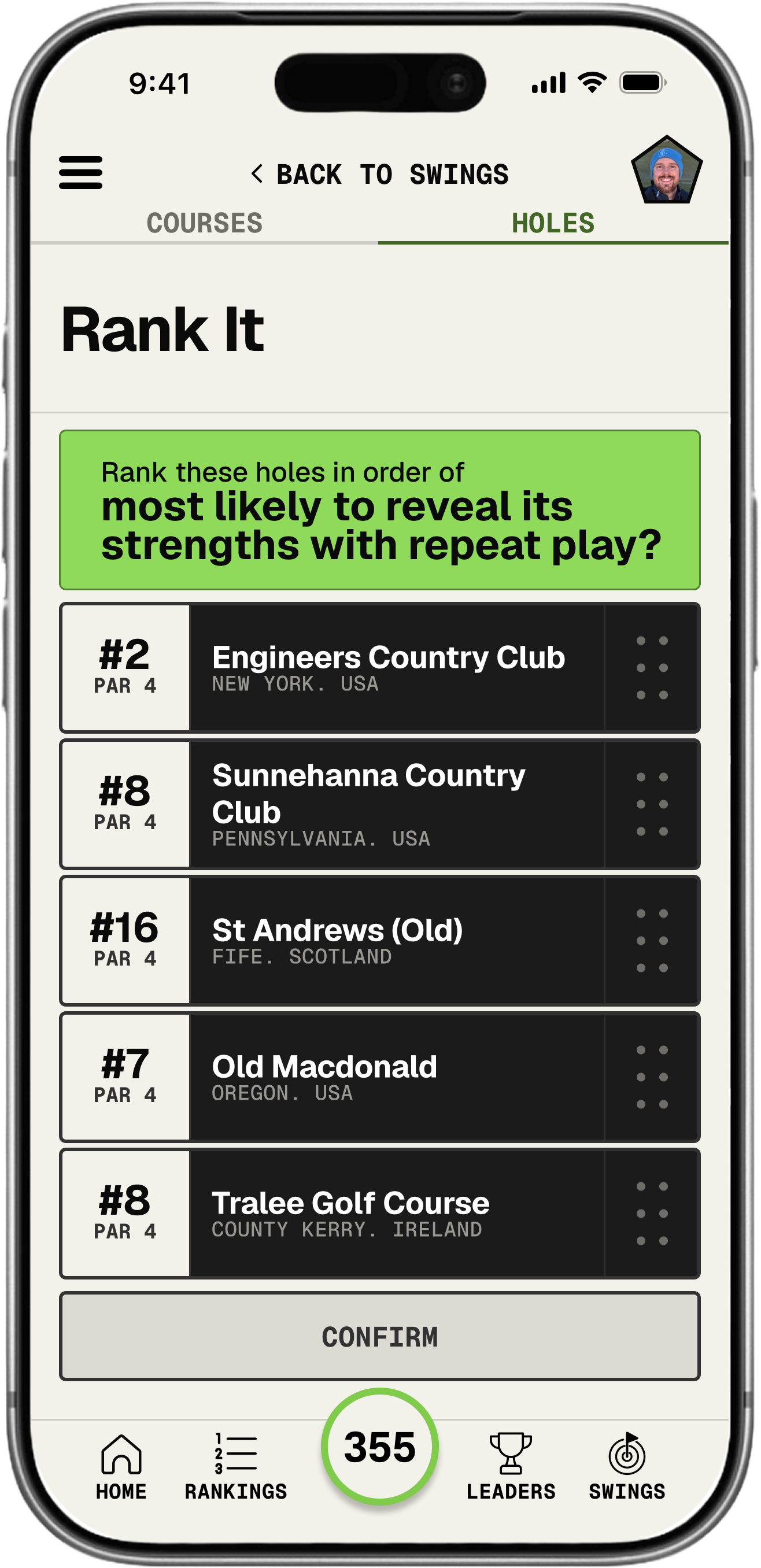 Rank It Swing screen in the Alister app